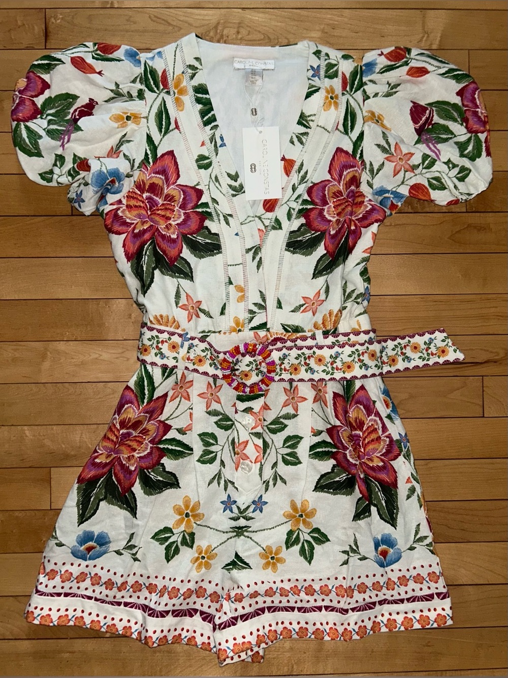 NEW! NWT CAROLINE CONSTAS Linen Blend Floral Print Romper White Multi Size 2